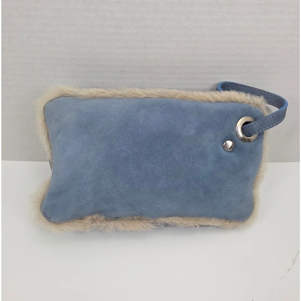 Hogan Blue Suede Shearling Trim Wristlet Clutch Bag Made in Italy